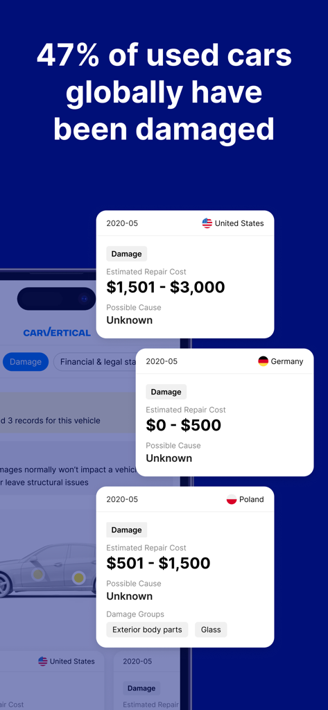 carVertical: Check Car History - Um ecrã mostrando relatórios de danos de carros com custos de reparação estimados de vários países na aplicação carVertical