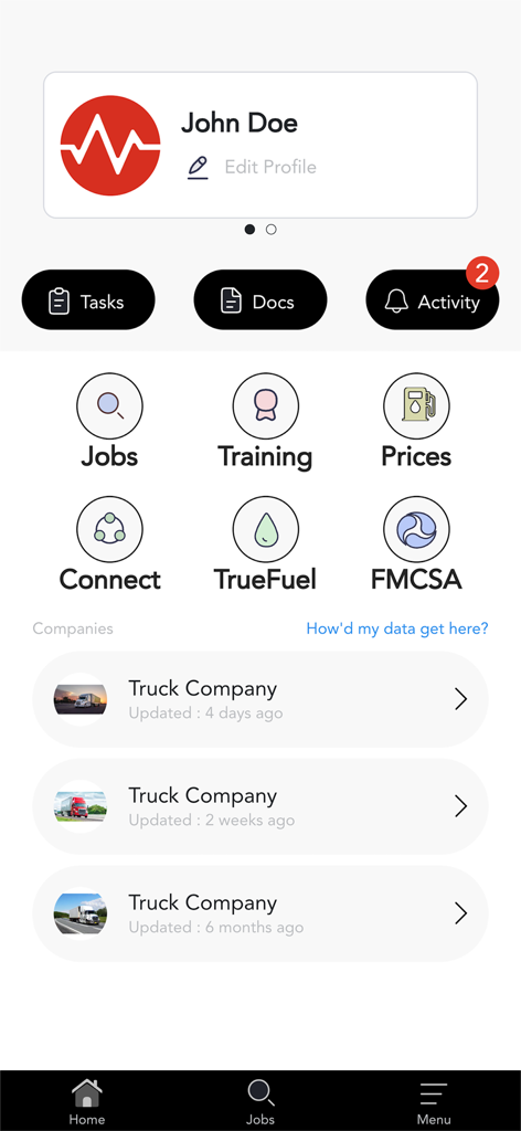 Home screen of Driver Pulse app showing user profile, carrier applications, and career management tools for truck drivers