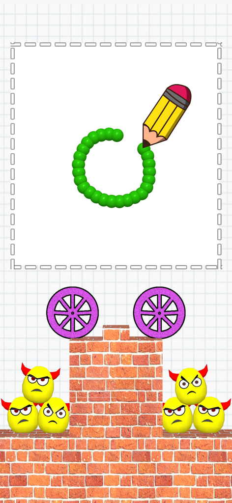 Draw To Smash: Logic puzzle - A pencil drawing a green shape to drop wheels and smash angry yellow eggs in a physics based puzzle game.