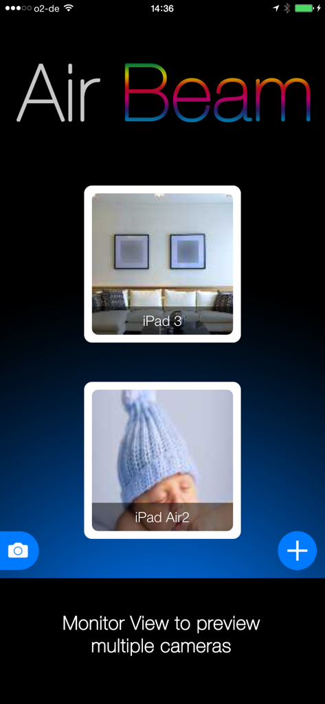 AirBeam Video Surveillance - AirBeam App-Oberfläche zeigt die Monitoransicht mit mehreren Live-Kameravorschauen für Heimüberwachung und Babyphone.