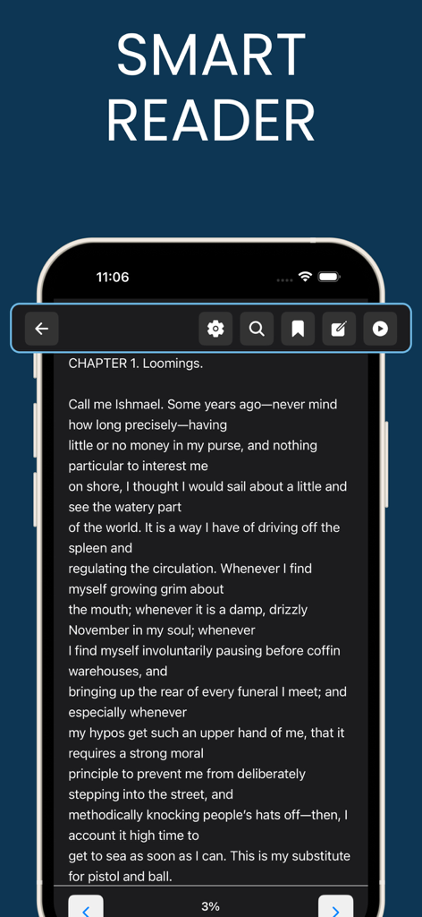 Project Gutenberg Ebooks - Aplicación Libros Electrónicos del Proyecto Gutenberg mostrando Moby Dick en interfaz de modo oscuro