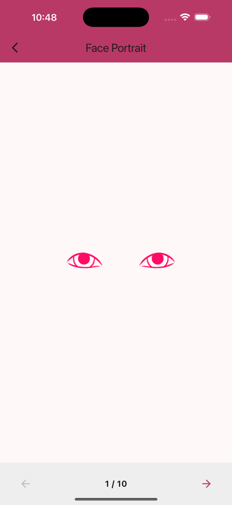 Learn Drawing - Step by Step - Primer paso de un tutorial de dibujo de retratos de rostros que muestra un par de ojos rosados