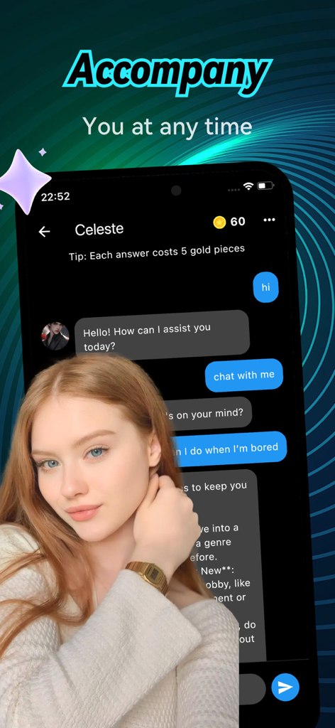 Mobile interface of Lulive app showing a chat conversation with an AI companion named Celeste.