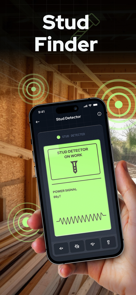 iPhone displaying the stud detector feature of the Metal Detector and Spy Camera app in a DIY setting