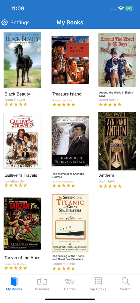 Pantalla de la aplicación Loyal Books que muestra una biblioteca de eBooks clásicos, incluyendo La isla del tesoro y Black Beauty.