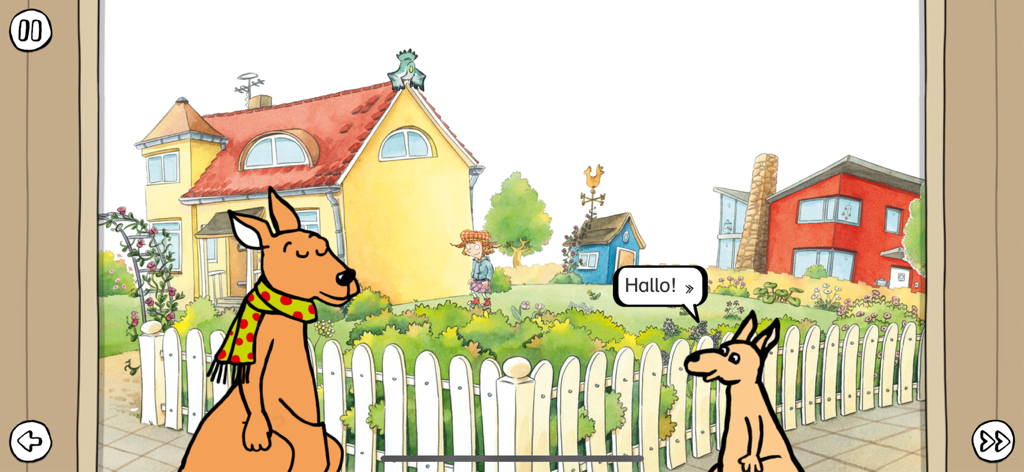 Lesestart zum Lesenlernen - A scene from the Lesestart app showing two kangaroos in a garden with a speech bubble saying Hallo