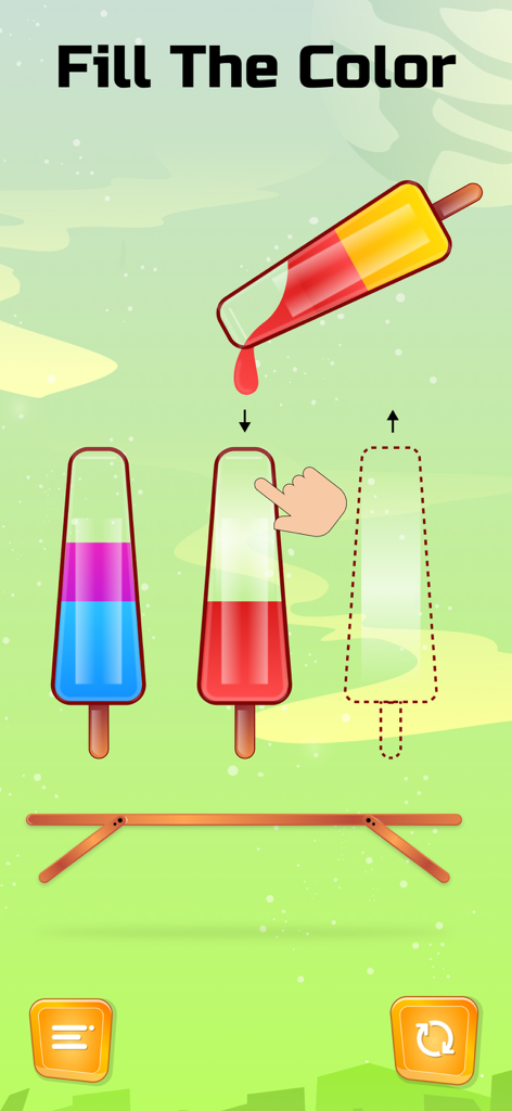 Captura de tela da jogabilidade do Water Sort Puzzle mostrando líquido colorido sendo despejado em garrafas em forma de picolé