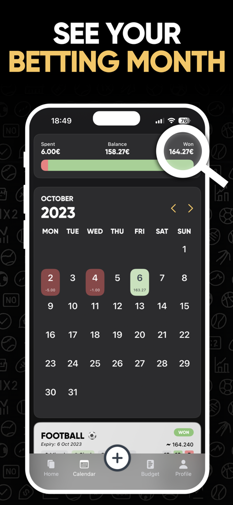 Vista calendario mensile dell'app Betty per il monitoraggio delle scommesse sportive che mostra profitto e perdita per giorno con vincite mensili totali evidenziate