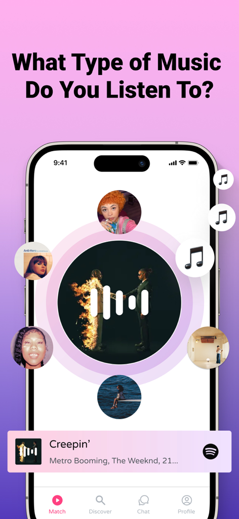 Meet Music: Dating for Spotify - Smartphone screen of Meet Music app showing a music-based matchmaking interface with user profiles around a central album cover