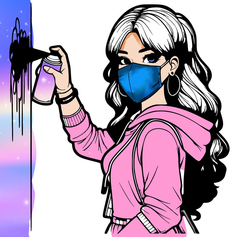 realistic girl with mask spray painting a wall