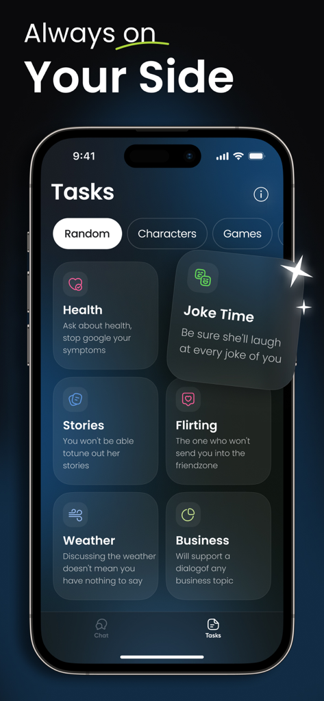AI Friend app interface displaying conversation tasks like health stories and humor