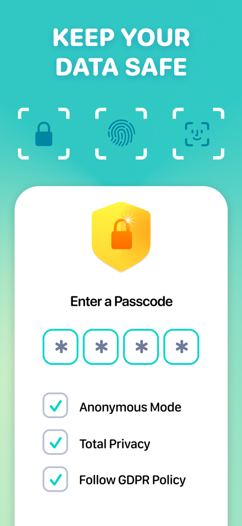 Cycles: Period & Cycle Tracker - Cycles app security screen showing passcode protection and anonymous mode options for data privacy