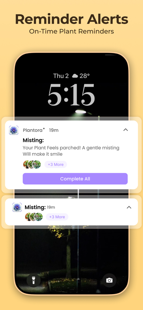 Plantora- Plant Identify, Care - Smartphone lock screen showing plant care misting reminders from the Plantora app