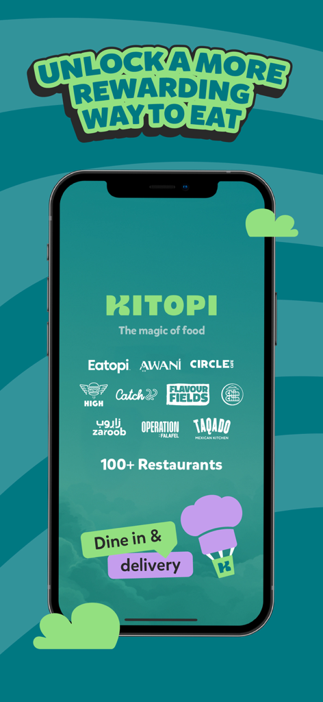 Tela inicial do aplicativo Kitopi exibindo várias marcas de restaurantes e recompensas de fidelidade para comer no local e entrega.