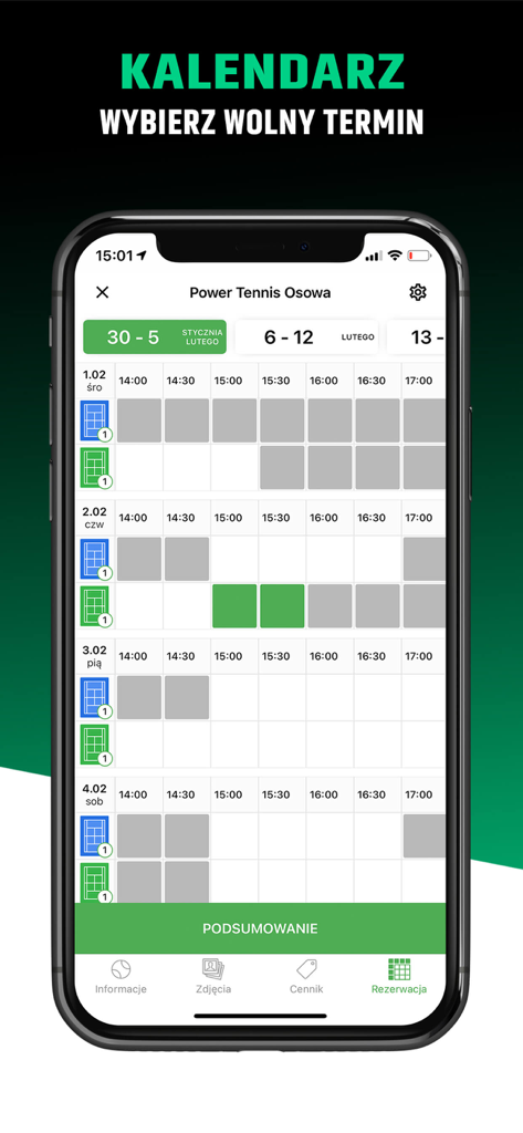 tenis4U mobile app screen displaying a weekly calendar for booking tennis courts with available time slots