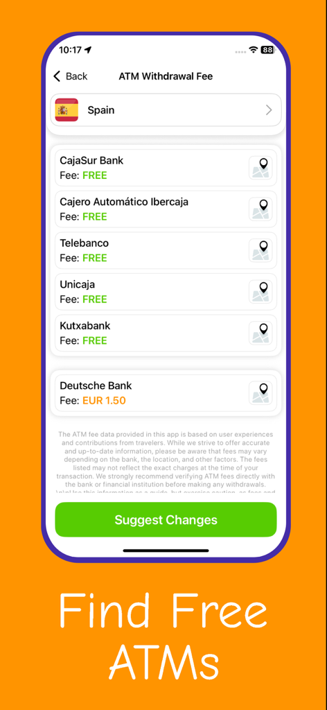 Screenshot of the Nomad app showing a list of banks with free ATM withdrawal fees in Spain