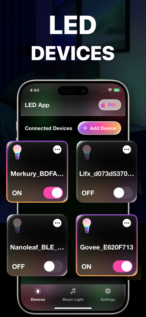 LED Lamp Manager: LedAI - Panel de la aplicación LedAI que muestra varios dispositivos de iluminación inteligente conectados e interruptores de encendido