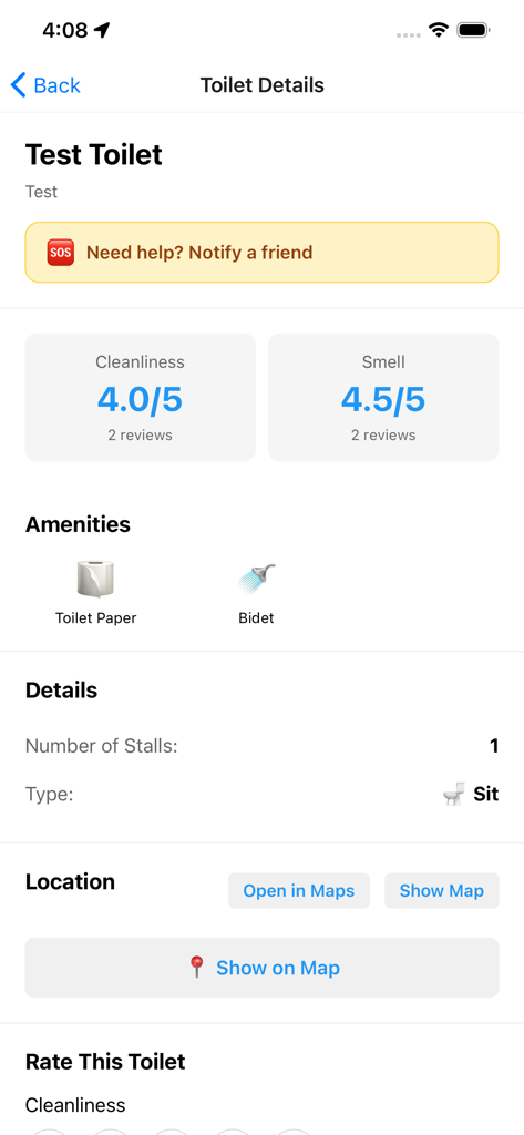 Ploop - Ploop app screen showing restroom details with cleanliness and smell ratings plus available amenities