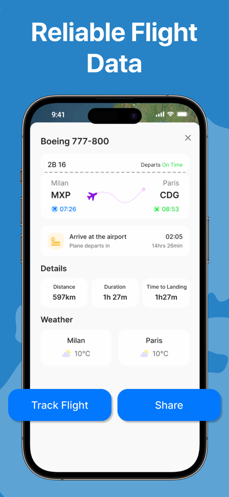 Flight Tracker + Live Radar 24 - Una interfaz de aplicación móvil que muestra información detallada del vuelo para un vuelo de Milán a París