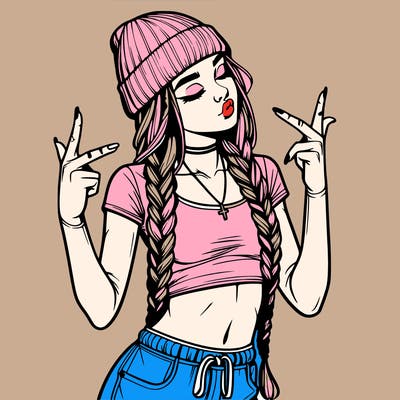 realistic teenage girl with braids and a beanie and crop top doing 🫶🏼