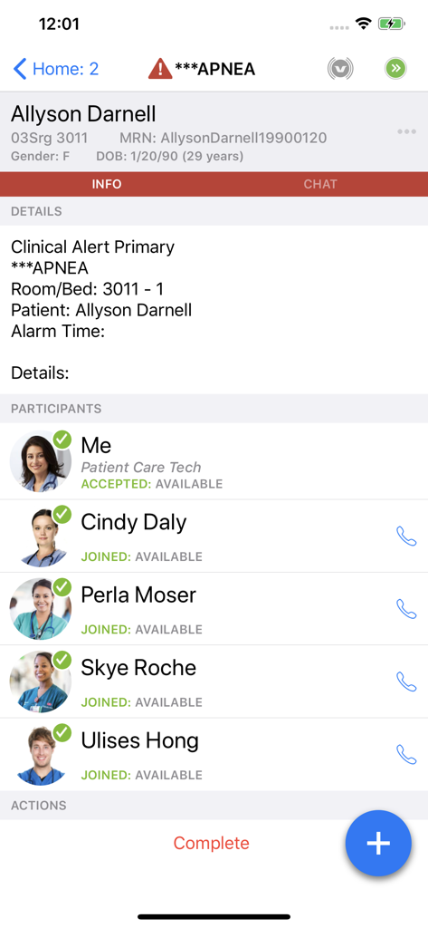 Vocera Vina screen displaying a clinical apnea alert with patient details and joined care team members