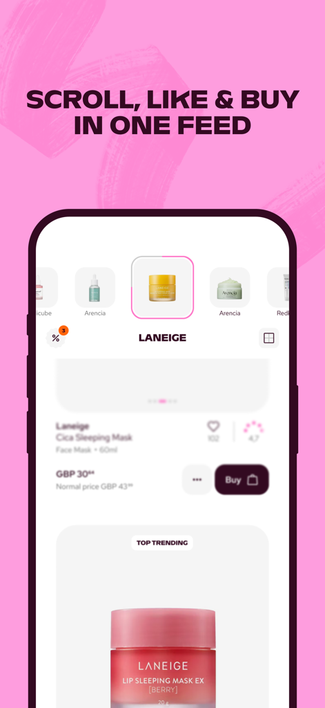 luxplus - Luxplus mobile app interface showing a discovery-based beauty product feed with Laneige skincare items
