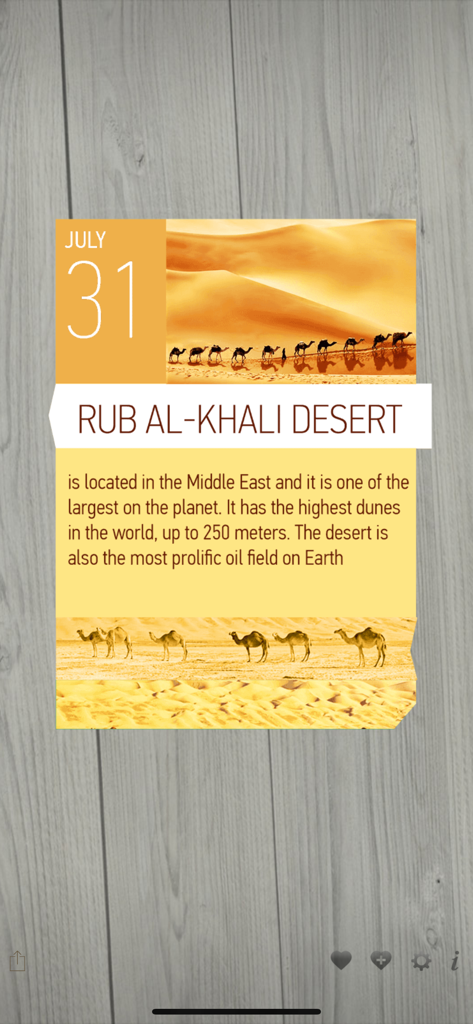 Screenshot of the 365 wonders of the world app featuring the Rub al Khali Desert