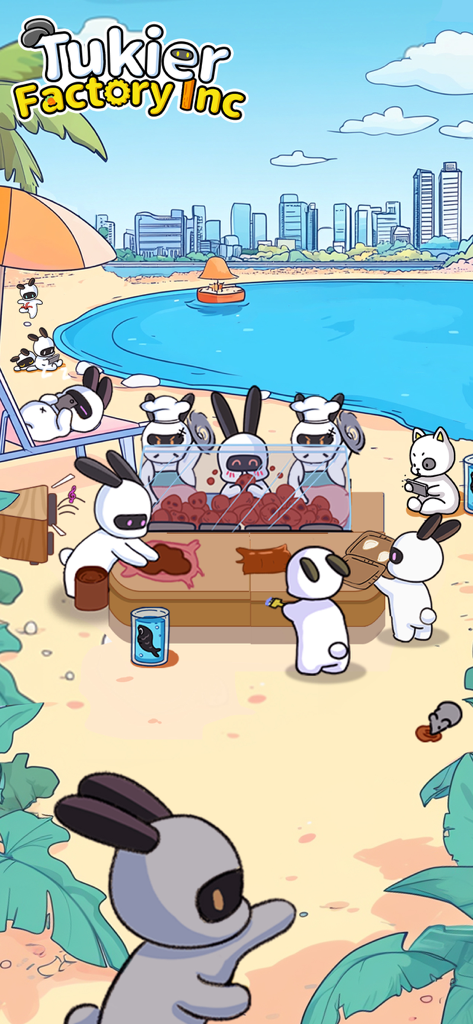 Tukier Factory Inc.-Idle Game - Adorable bunny characters managing a food stall on a sunny beach in Tukier Factory Inc.