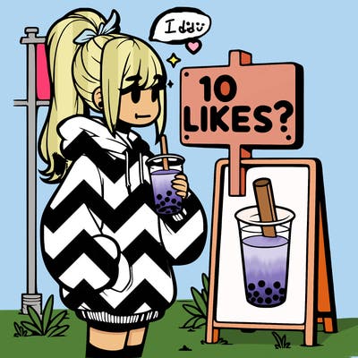 girl with oversized hoodie drinking boba and she has a high ponytail with a sign that says 10likes?