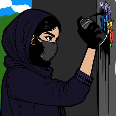 realistic girl with mask spray painting a wall