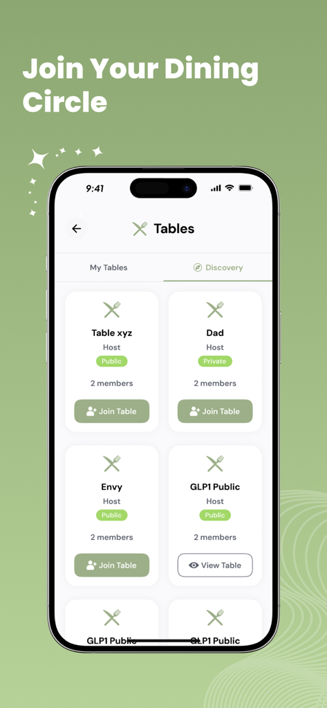 Menu Order AI: Find GLP1 Meals - A mobile app interface displaying a list of social dining groups called tables for GLP-1 users