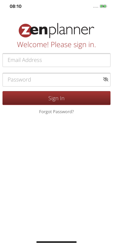 Login screen of the Zen Planner Member App showing email and password fields for gym members.