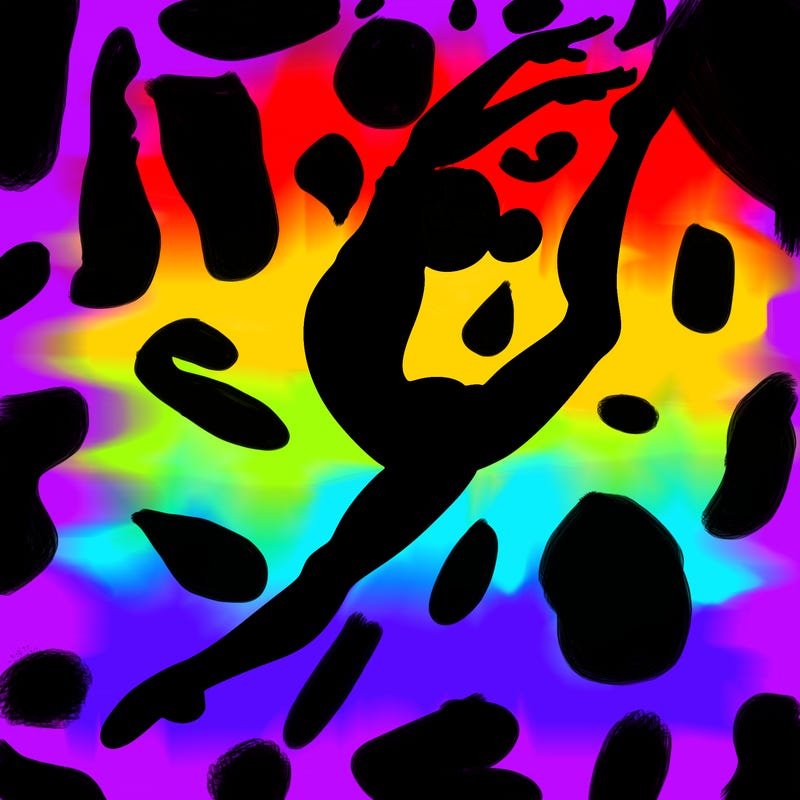 gymnast doing a leap in a leotard with a bent back leg