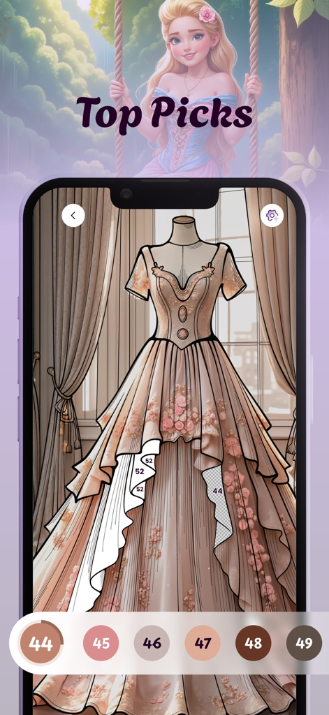 Interfaz de la aplicación Pixie Color que muestra un vestido de fantasía detallado en un juego de pintar por número