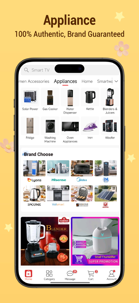 Kilimall - Affordable Shopping - A mobile screen showing the Kilimall app appliances section with products like solar power kits and kitchen electronics