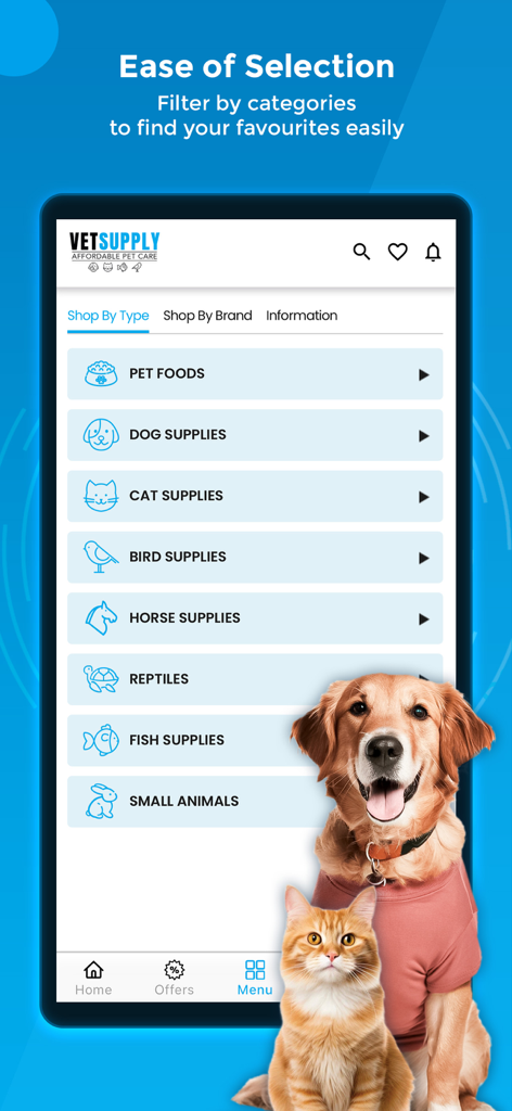 Mobile app interface of VetSupply showing pet categories such as dog, cat, and bird supplies with a golden retriever and ginger cat in the foreground