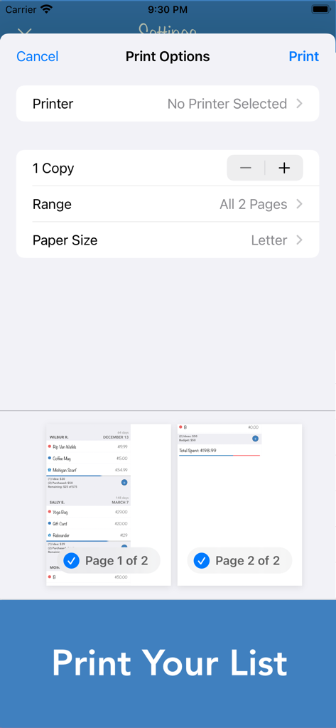 Birthday Countdown & Gift List - 인쇄기 복사 및 용지 크기에 대한 옵션으로 선물 목록을 인쇄하는 인터페이스