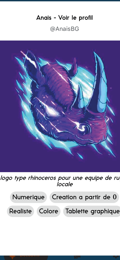 Digital rhinoceros head illustration with blue lightning on the Thalie artist profile.