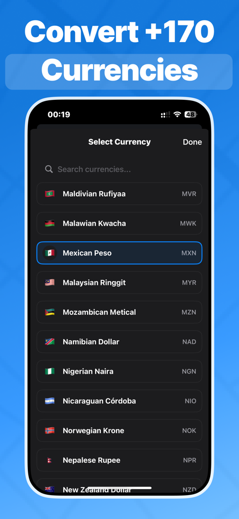 Pesos to Dollars Conversion US - Mobile app screen showing a list of over 170 currencies with Mexican Peso selected.