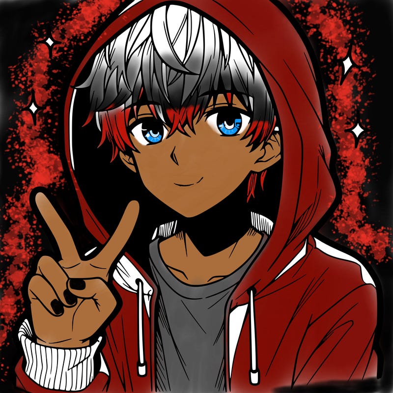 teenage manga boy in a hoodie, doing ✌