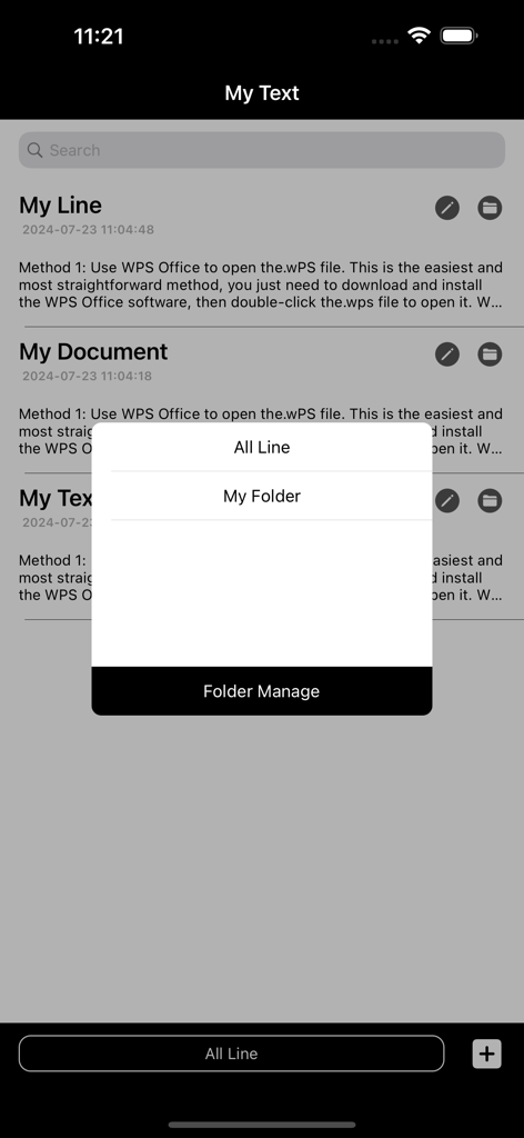 FEELWORLD - Schermata di gestione degli script dell'app FEELWORLD teleprompter che mostra un elenco di documenti e opzioni di cartelle