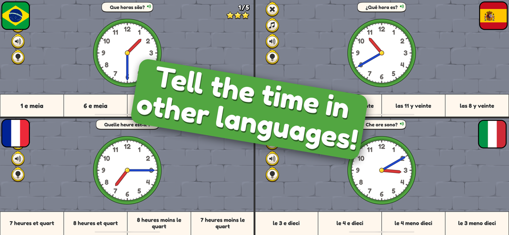 King of Math: Telling Time - A collage showing the King of Math Telling Time app interfaces in different languages including Portuguese, Spanish, French, and Italian with a large banner that reads Tell the time in other languages