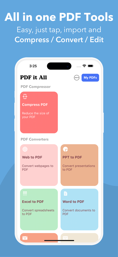 PDF it All Document Converter - Mobile App-Oberfläche von PDF it All mit Werkzeugen zum Komprimieren und Konvertieren von Dokumenten wie Word, Excel und PPT in PDF