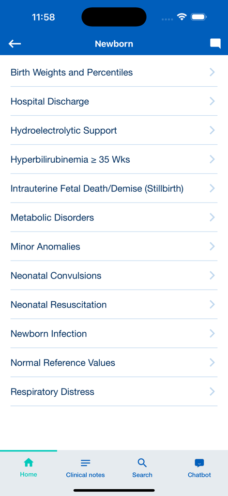 The Perinatal Memo - Mobile app interface of The Perinatal Memo displaying a list of newborn clinical care topics such as neonatal resuscitation and birth weights