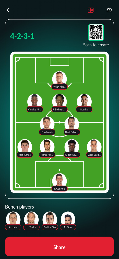 Uma interface de builder de escalões de futebol exibindo uma formação 4-2-3-1 com fotos de jogadores e um botão de partilha