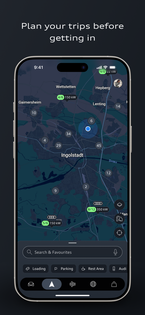 Smartphone screen displaying the myAudi app route planner with a map and charging station locations.