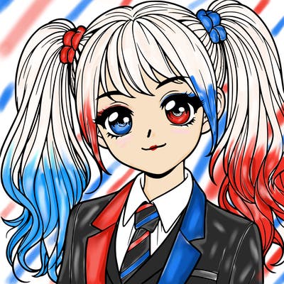 realistic girl with two ponytails and a suit on