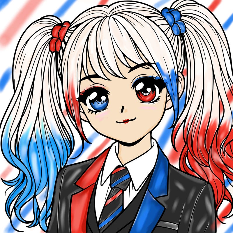 realistic girl with two ponytails and a suit on