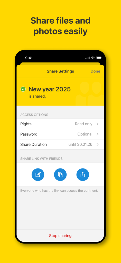 Uno screenshot mobile dell'app WEB.DE che mostra le impostazioni di condivisione dei file e le opzioni di accesso sicuro.