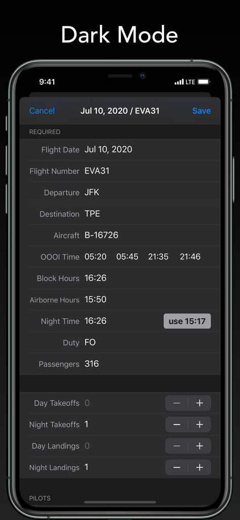 Captain Logbook - Captain Logbook digitale Flugbuch-Oberfläche im Dunkelmodus, die Flugdetails und OOOI-Zeiten für professionelle Piloten anzeigt